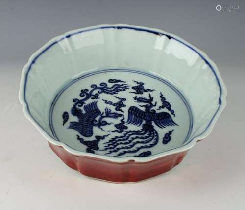 LOBED BLUE & WHITE OXBLOOD BOWL