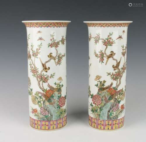 PAIR OF CYLINDRICAL BIRD & FLOWER VASES