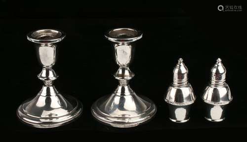 PAIR STERLING CANDLESTICKS & SALT SHAKERS