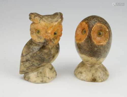 TWO ALABASTER HAND CARVED OWLS MARKED ITALY