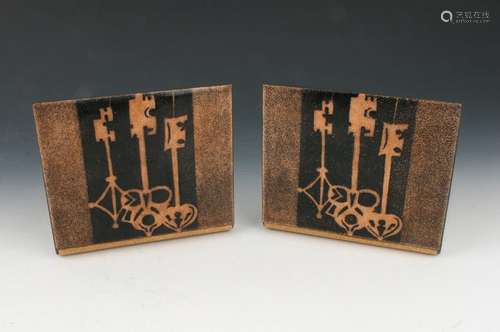 PAIR OF MCM COPPER ENAMELED KEY BOOKENDS