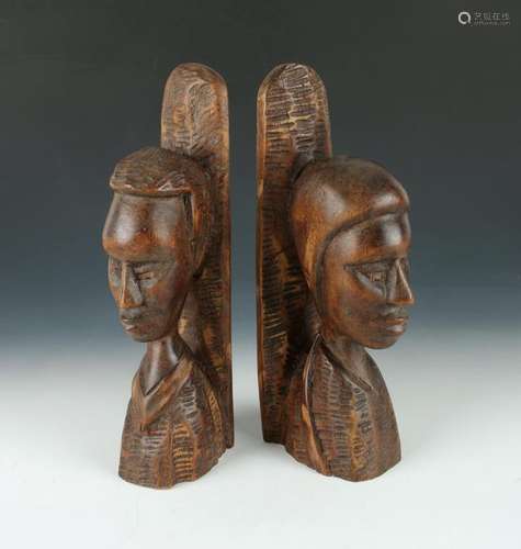 PAIR OF CARVED AFRICAN PORTRAIT BUST BOOKENDS