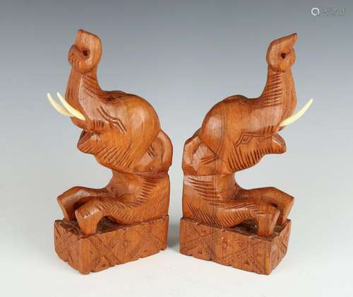 CARVED WOODEN ELEPHANT BOOKENDS