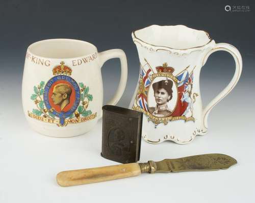 FOUR CORONATION ITEMS CUPS, KNIFE, MATCHBOX