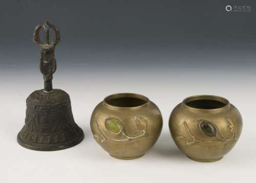 TWO SMALL BRONZE VASES & BRONZE BELL