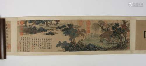 CHINESE LONG CALLIGRAPHY & LANDSCAPE SCROLL
