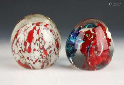 2 RED & BLUE HAND BLOWN PAPERWEIGHTS