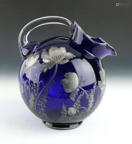 COBALT BLUE GLASS SILVER OVERLAY PITCHER