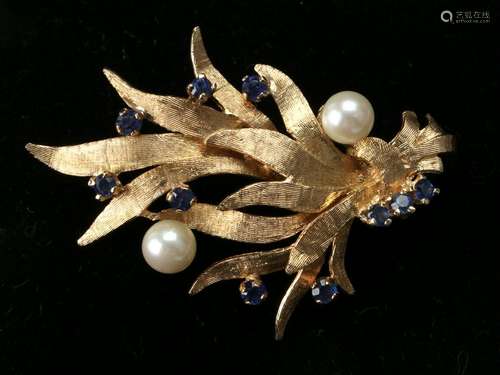 14K SAPPHIRE AND PEARL PIN BROOCH