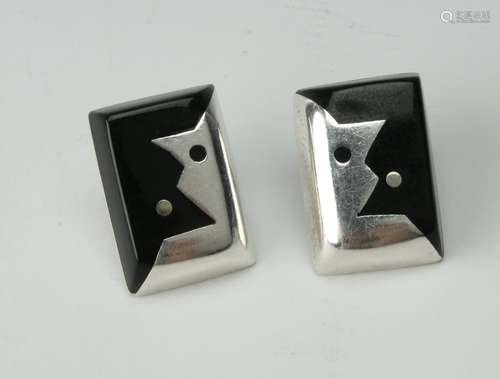 MODERNIST STERLING ONYX EARRINGS