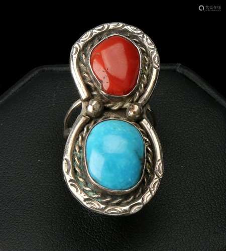 NAVAJO TURQUOISE & CORAL RING