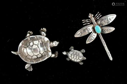 STERLING TURTLE AND DRAGONFLY PINS