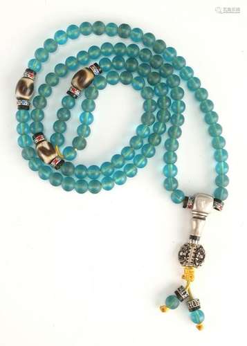 TURQUOISE PEKING GLASS MALA WITH THREE DZI BEADS