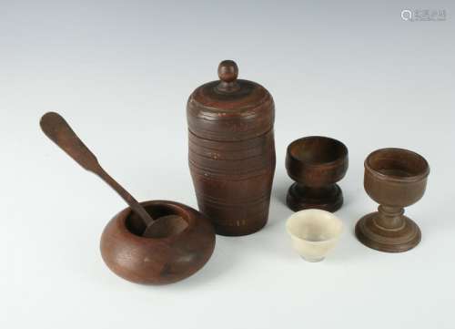 COLLECTION OF TREEN WARE & STONE CUP
