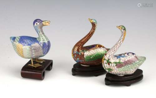 THREE CLOISONNE WATER FOWL ON STANDS