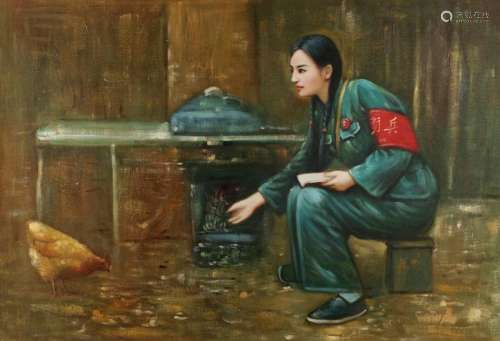 CHINESE REVOLUTIONARY GIRL FEEDING HEN ON CANVAS