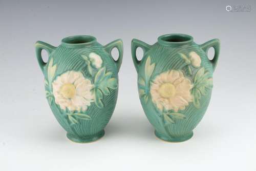 PAIR ROSEVILLE PEONY GREEN VASES 58-6