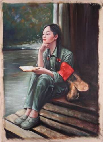 SITTING REVOLUTIONARY GIRL WITH BOOK ON CANVAS