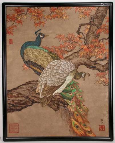 LARGE PAINTING OF PEACOCKS IN AUTUMN