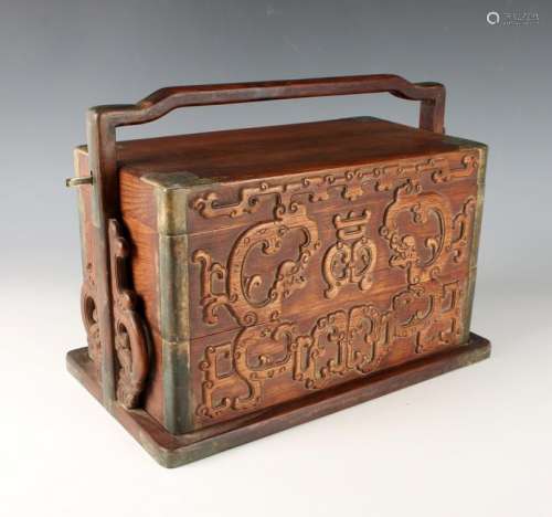 CARVED HUANGHUALI ARCHAIC DRAGON THREE TIERED LUNCH BOX