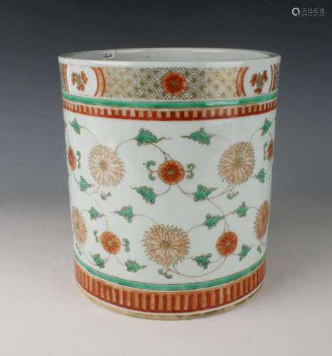 ORANGE & GREEN & GOLD PORCELAIN FLOWER BRUSH POT