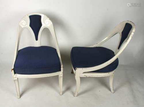 PAIR HOLLYWOOD REGENCY BLUE & WHITE CHAIRS