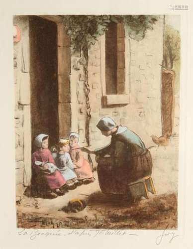 ORIGINAL PRINT WOMAN FEEDING HER THREE CHILDREN
