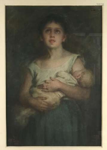 ALFRED M. TURNER SIGNED MOTHER & CHILD WATERCOLOR