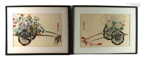 PAIR OF TAKESHITA RICKSHAW FLOWER CART PRINTS