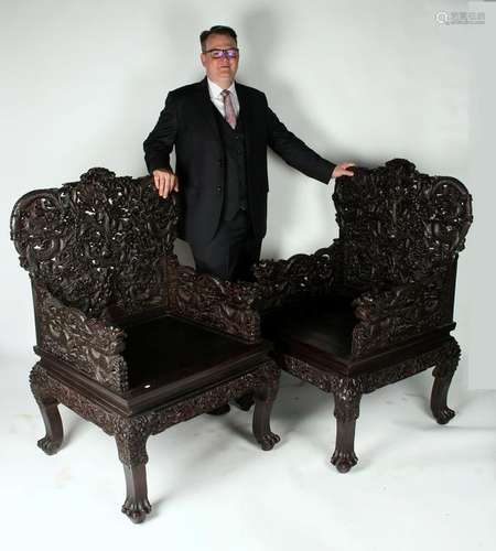 PAIR ELABORATELY CARVED QING ZITAN DRAGON CHAIRS