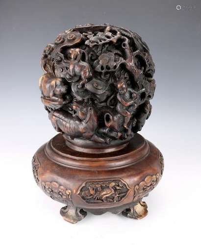 LARGE CARVED ZODIAC SPHERE ON STAND