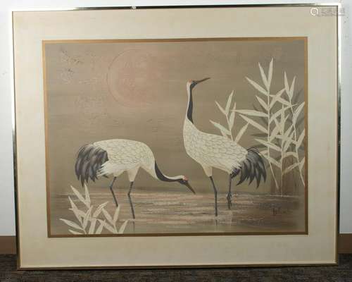 SIGNED ASIAN STYLE PAINTING OF CRANES