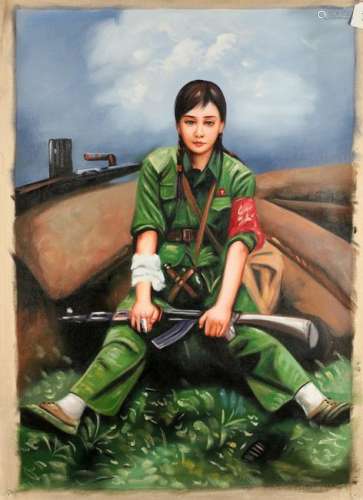 BORED REVOLUTIONARY GIRL HOLDING RIFLE ON CANVAS