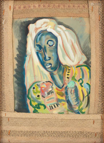 Portrait of an Indian woman (excluding frame). mounted in artist's original raffia frame. Irma Stern(South African, 1894-1966)