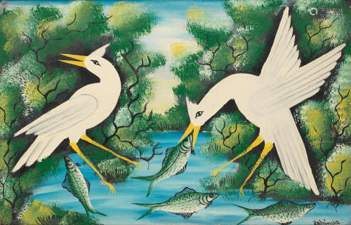 Herons fishing Kabinda Kunkulu Victor(Congolese, born 1927)