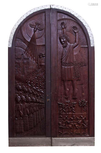 Wooden doors depicting the Crucifixion and Resurrection of Christ: commissioned by the Cathedral Church of Christ 284.5 x 167.6 x 7.5cm (112 x 66 x 2 15/16in). Demas Nwoko(Nigerian, born 1935)