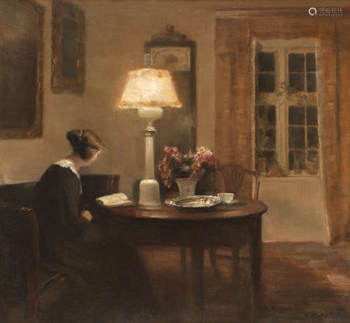 Carl Vilhelm Holsøe(Danish, 1863-1935) Interior with a woman reading