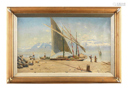 Peder Mørk Mønsted(Danish, 1859-1941) Unloading stone from a barge at Ouchy, Lac Leman