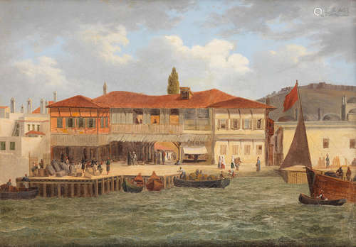 French Schoolcirca 1840 Harbour scene with figures unloading boats, a fortress beyond; Harbour scene with figures smoking chibouks beside the water each 24.5 x 35cm (9 5/8 x 13 3/4in)