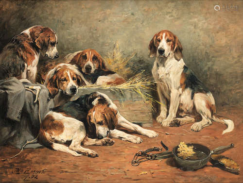 John Emms(British, 1843-1912) Five hounds and a dipper of water