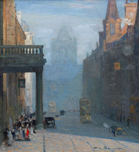 Mark Senior(British, 1864-1927) A view up Park Row towards St Anne's Cathedral, Leeds