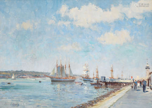 Edward Seago, RWS, RBA(British, 1910-1974) Bacalhau schooners drying sails on The Tagus