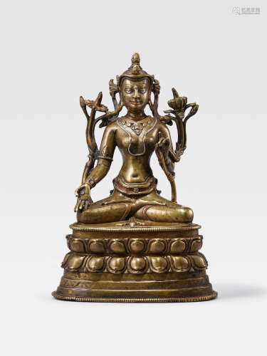 A SILVER AND COPPER INLAID COPPER ALLOY FIGURE OF TARA  TIBET, 12TH/13TH CENTURY