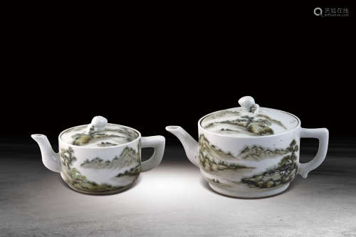 民初汪友棠、徐善琴  淺降彩繪山水紋茶壺一組兩件
