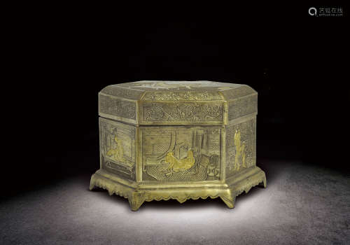 清  白銅鎏金人物紋六角盒