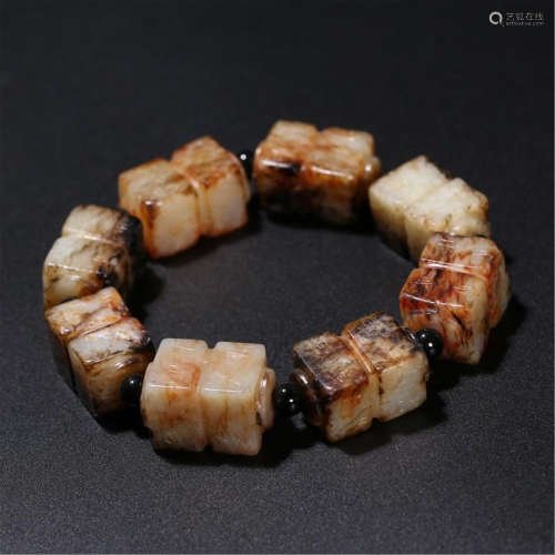 CHINESE ANCIENT JADE CUBIC BEAD BRACELET