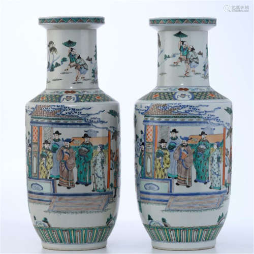 PAIR OF CHINESE PORCELAIN DOUCAI FIGURES AND STORY VASES