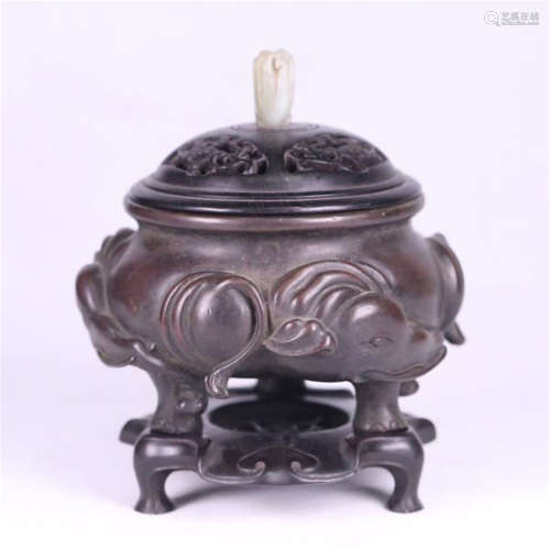 CHINESE BRONZE ELEPHANT TRIPLE FEET CENSER WITH ROSEWOOD JADE KNOT LIDDER AND BASE