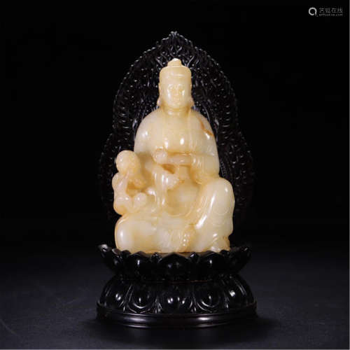 CHIENSE NEPHRITE JADE SEATED GUANYIN WITH BOY ON ROSEWOOD STAND