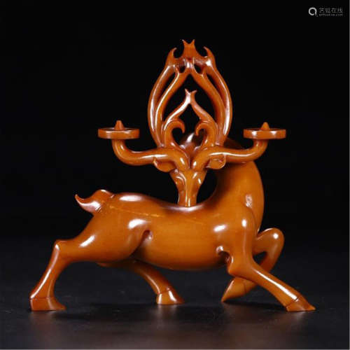 CHINESE YELLOW JADE DEER CANDLE HOLDER